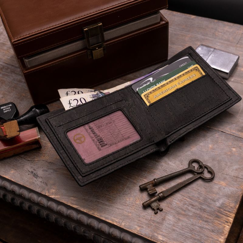 Classic Cork Vegan Leather Minimalist black Wallet opened placed on table with 2 keys and a box