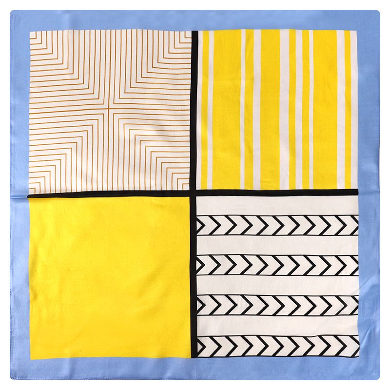 Scarf laid flat showing four quarters: cream pinstripe, yellow stripe, solid yellow and black chevrons