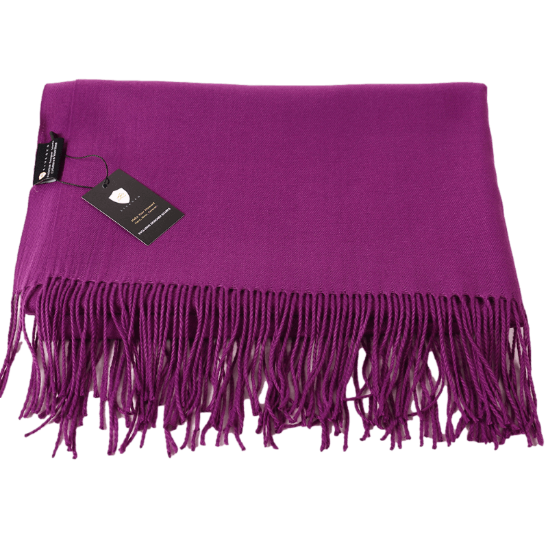 Regal Plum Pashmina Scarf, folded beside its product tag