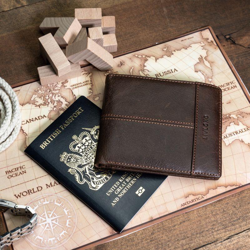 Brown Leather Mens Wallet with Coin Pocket, closed showing the exterior