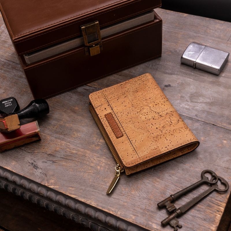 Cork Leather Coin Purse Wallet Mens placed with 2 keys stamp and a box 