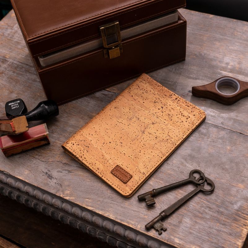 Cork Leather Vertical Wallet Natural placed on table with 2 keys, stamp and a box
