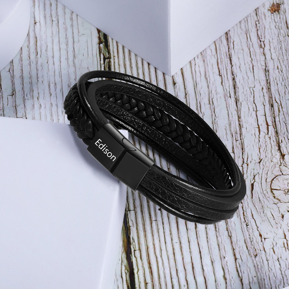 Personalised Black Leather Multi Strand Bracelet