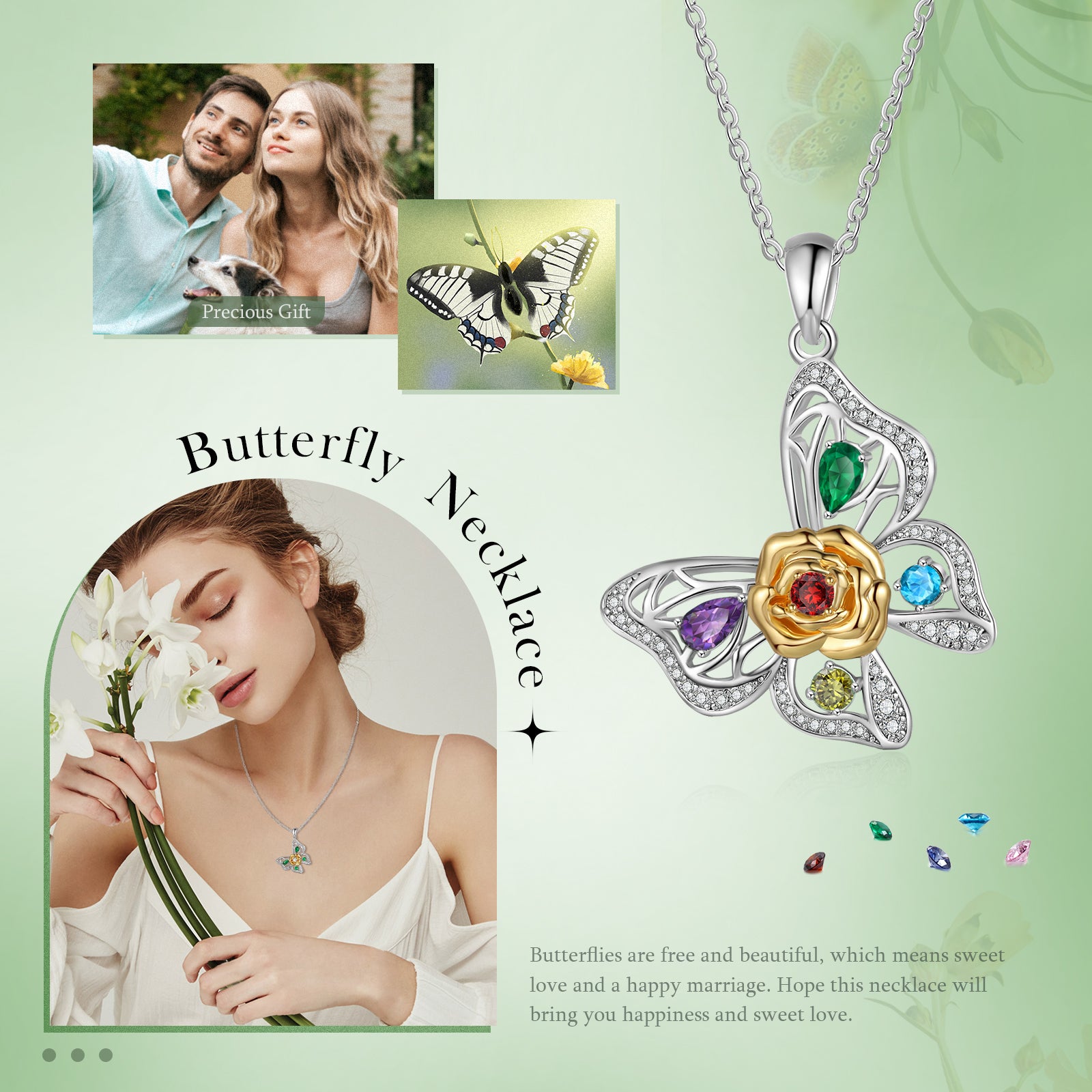 Personalised 925 Sterling Silver Butterfly Birthstone Necklace and image of couple and a girl with flower