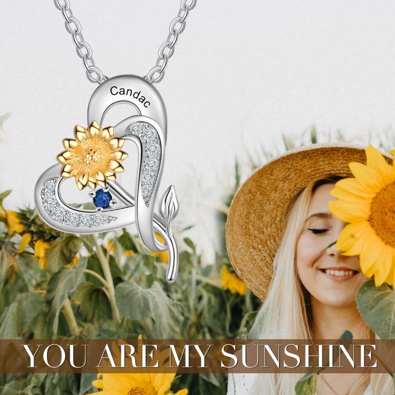Personalised S925 Sterling Silver Sunflower Heart Birthstone Necklace