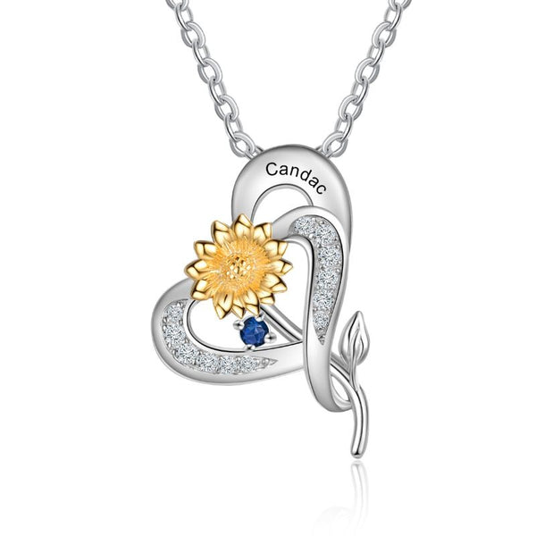 Personalised S925 Sterling Silver Sunflower Heart Birthstone Necklace