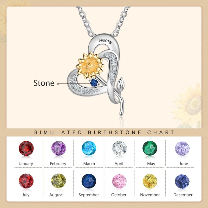 Personalised S925 Sterling Silver Sunflower Heart Birthstone Necklace